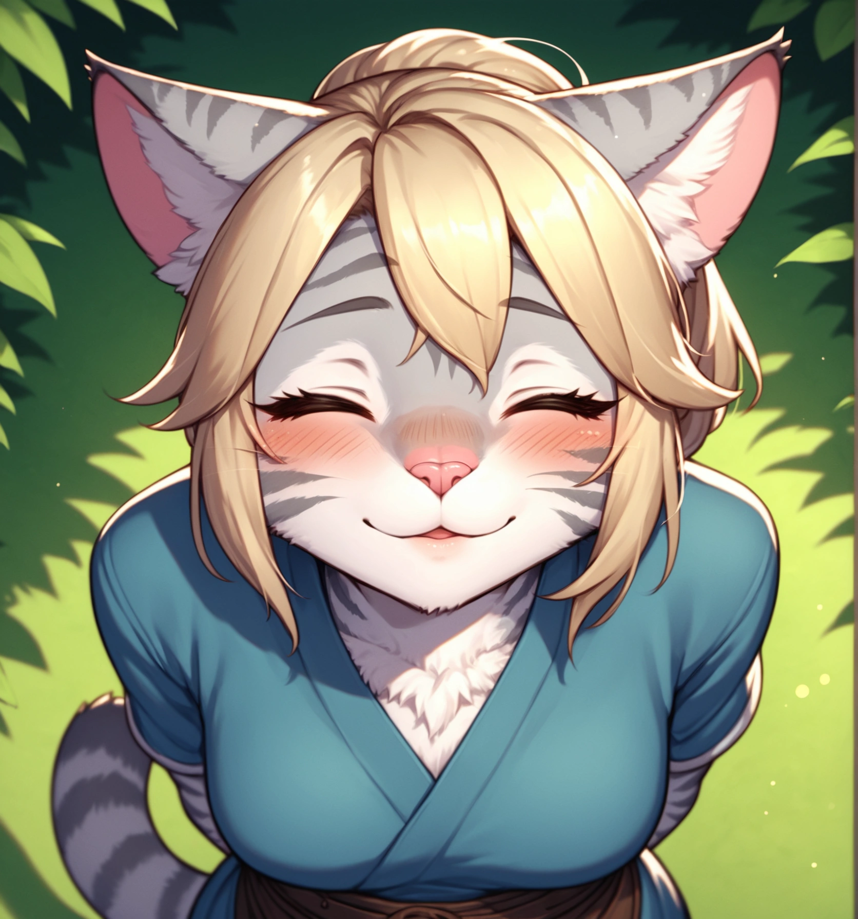 score_9,score_8_up,score_7_up, score_6_up, score_5_up,source_anime, kemono style, Kat,  Anthro furry feline, silver fur, grey stripes on body, blonde hair, pink nose, :3,  1girl,solo,  incom, imminent kiss, closed eyes, facing viewer, parted lips,from above, cowboy shot, blushing, head tilted up, about to kiss viewer, she is wearing a blue tunic, leather belts, hands behind her back, head facing viewer, head up, outdoors, close up, portrait, kissing face, kiss focus, 
