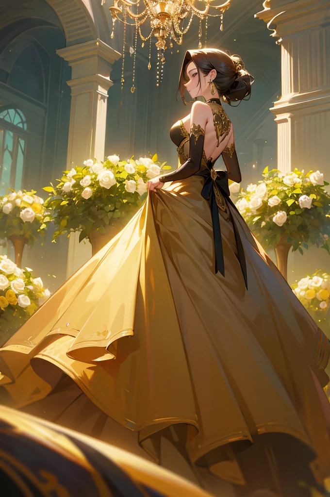 The most beautiful rose bush imaginable and an incredibly elegant young woman, superbly hairstyled, Spectacularly made up and wearing a dazzling dress in golden colors, black and gray fabulous. In a dream garden on a magical night. (masterpiece) (Best Quality)