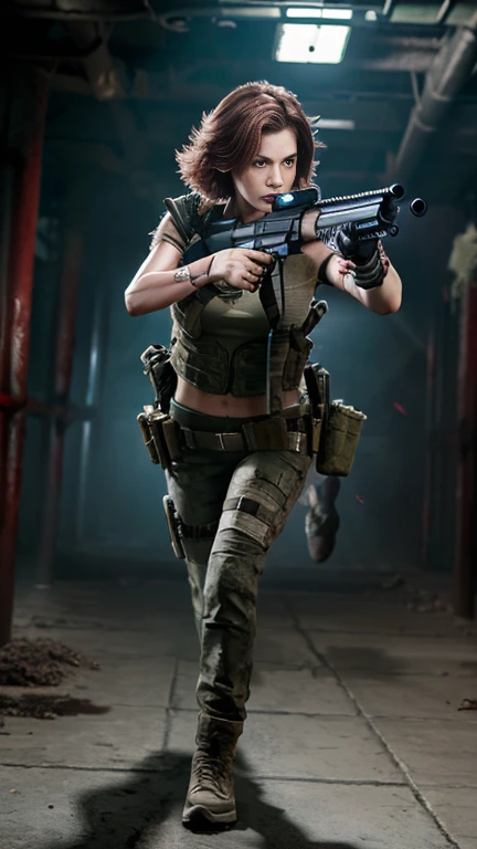 Highest quality、High resolution、4K、Precision、resident evil、Female warrior fighting against zombies:1.5、Action composition、Full Body Shot、Aiming at the enemy with a machine gun in each hand、
