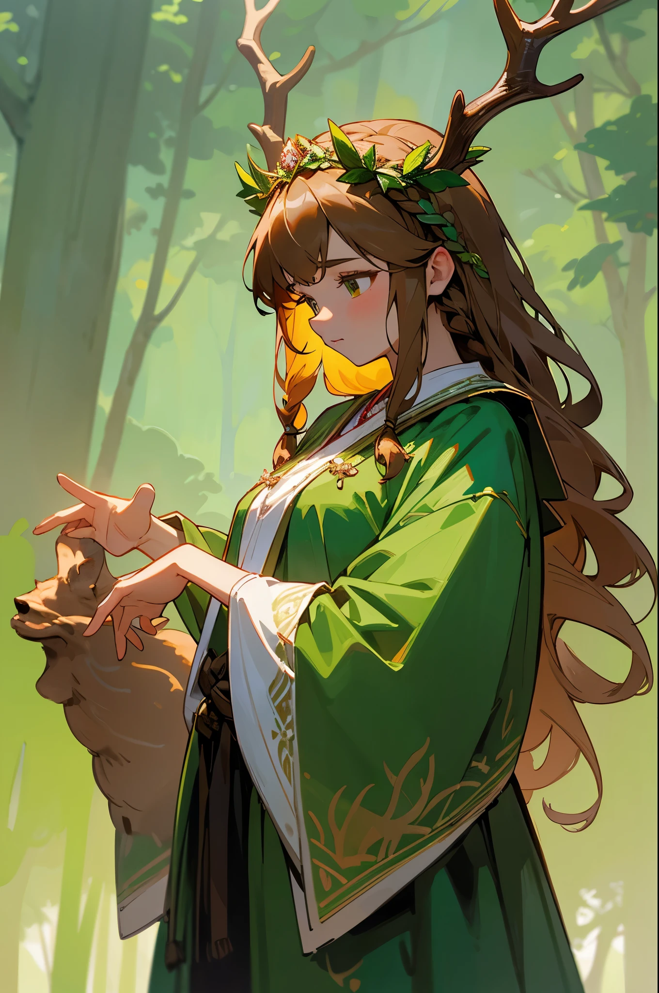 4k,masterpiece,best work,high detail,accurate detail,fantasy forest background,animals at background,girl,traditional cloth,green cloth,fantasy style cloth,brown braided hair,long braided hair,flower crown,Irish elk antlers,Irish deer horn,giant antlers
