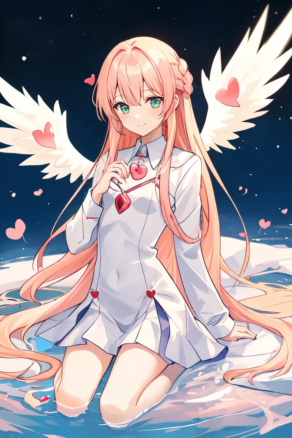 1_girl, (anime, kawai:2), (masterpeice, best_quality, clean:1.5), (sky_background:1.2), (cute, cute_smile, wholesome, young:2), (delicate, extremely_delicate, beautiful, thin:1.5), (girlfriend, angel:2), (green_eyes, simple_eyes:1.8) (long_hair, blond_hair:1.8), (combat:1.2), (wearing_pink_dress, pink_angel_wings:1.6), (combat:1.2), extremely_delicate, (love_magic:1.5), (age_size_fits_body), (small_thighs:1.3), (breasts), (eye_level:1.3), (heart_magic, love:1.8), (warm:1.8), (folded_legs:1.5), (cheerful:1.3)