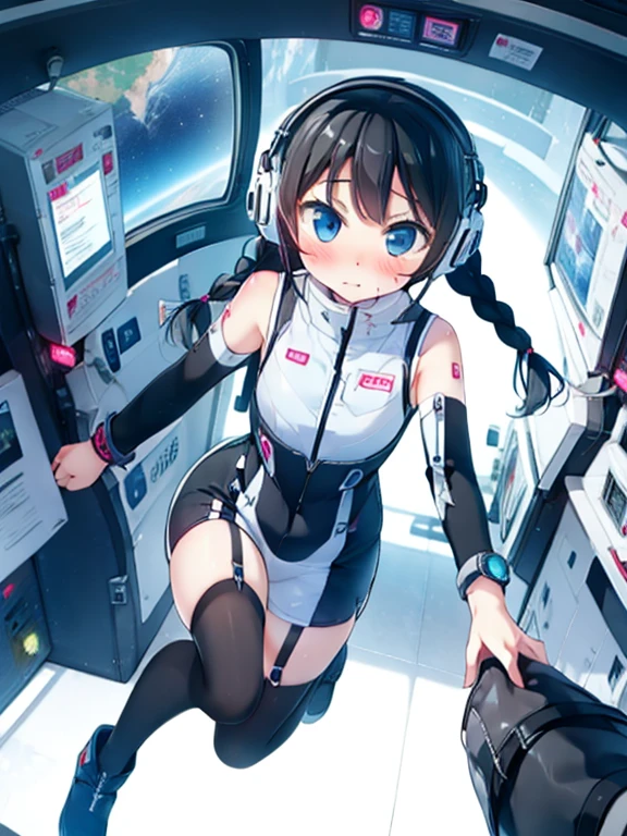 (Highest quality), (masterpiece), 1080P, High resolution, 4K, 8k, Inside the space station、Futuristic room、Thigh straps, Shooting from directly below, The woman on top of me, 白いSweat, Covered , Sweat, Woman looking down, Skirt swimsuit, BREAK black long sleeves,black tights,BREAK thigh-high socks, futuristic boots,headphone,To achieve this, 16 years old, , whole body, Black leather shoes, Braided hair, Inner Color, Embarrassed face, Short black hair, bracelet, Bedroom,white downVest,celestial body_Vest