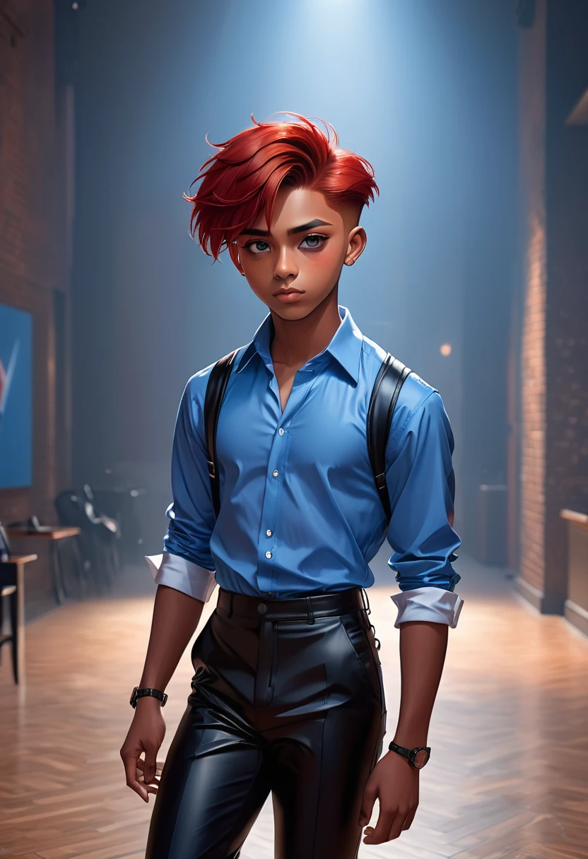 ((Artwork, 8K, soft lighting)), 1 boy, 19 years old, alone, handsome, brown skin, red hair undercut style, right eye color black, left eye pupil heart shaped blue, wearing blue dress shirt with white stripes, black leather pants, black dress shoes.