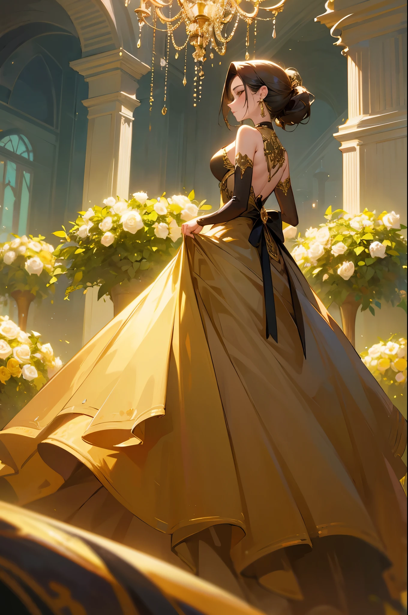 The most beautiful rose bush imaginable and an incredibly elegant young woman, superbly hairstyled, Spectacularly made up and wearing a dazzling dress in golden colors, black and gray fabulous. In a dream garden on a magical night. (masterpiece) (Best Quality)
