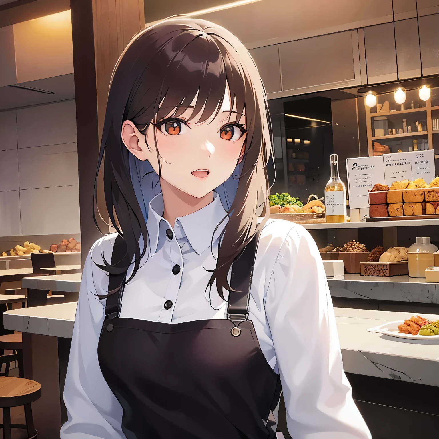 （looking away:1.5）,Upper Body,Shooting from behind Realistic, real person, (pale skin: 1.2), RAW photo, photorealistic, shiny skin, shiny hair、
(A 25-year-old woman with medium-length hair and bangs) and (wavy hair) and (brown hair) and (orange eyes) 、
expressionless,open mouth,Wearing a white long-sleeved shirt 、apron、The background is inside the restaurant