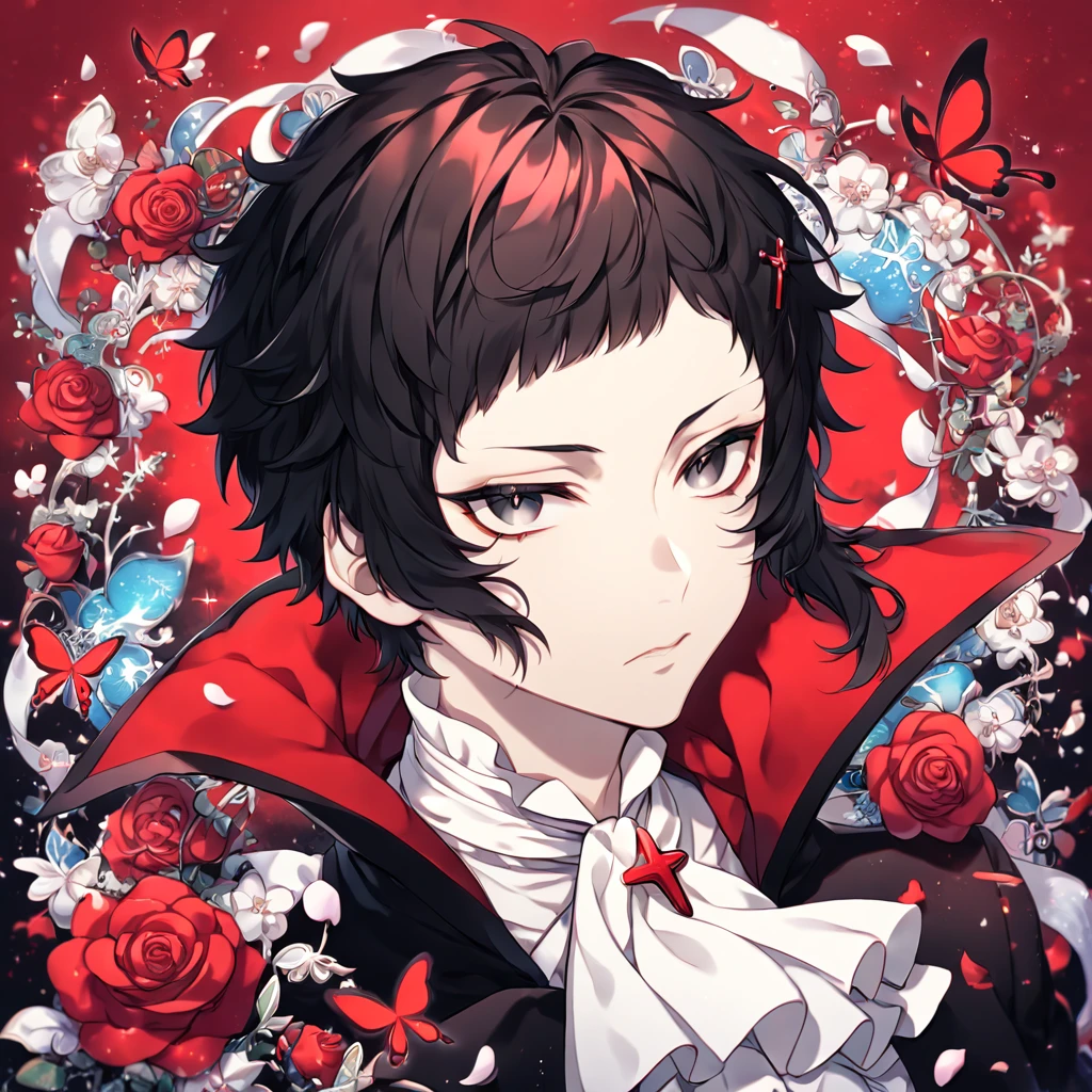 absurdres, highres, ultra detailed, HDR, master piece, best quality, extremely detailed, Akutagawa Ryuonosuke, black hair, short bangs, expressive gray eyes, Bungou Stray Dogs, solo, sexy man, handsome, black coat with high collar, white shirt, white cravat, cross, red butterflies, petals, magical, red roses, fantasy, rashoumon, red sky