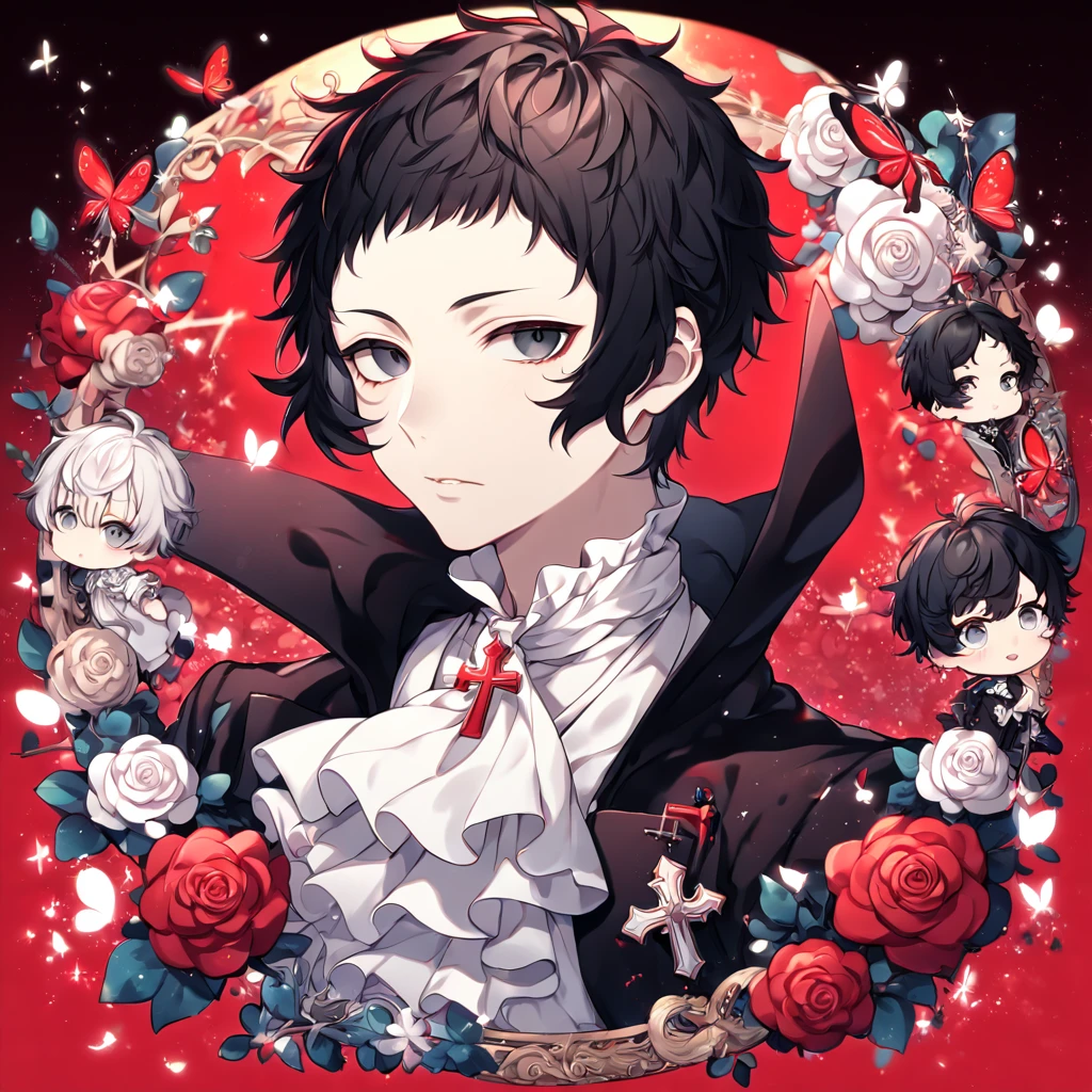 absurdres, highres, ultra detailed, HDR, master piece, best quality, extremely detailed, Akutagawa Ryuonosuke, black hair, short bangs, expressive gray eyes, Bungou Stray Dogs, solo, sexy man, handsome, black coat with high collar, white shirt, white cravat, cross, red butterflies, petals, magical, red roses, fantasy, rashoumon, red sky