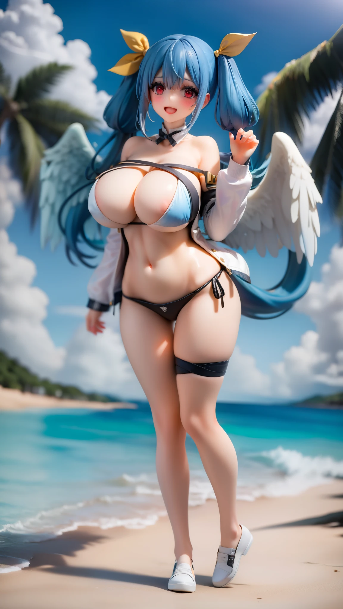 blue hair,red eyes,twintail,yellow hair ribbon,open mouth,huge breasts,,blush,,,solo,full body,from front,navel,stomach,narrow waist ,,,wings,,tall,Feathered wings,professional light,long tail,huge tail,tail ribbon,smile ,bikini,beach,beach,ocean,blue sky,all fours