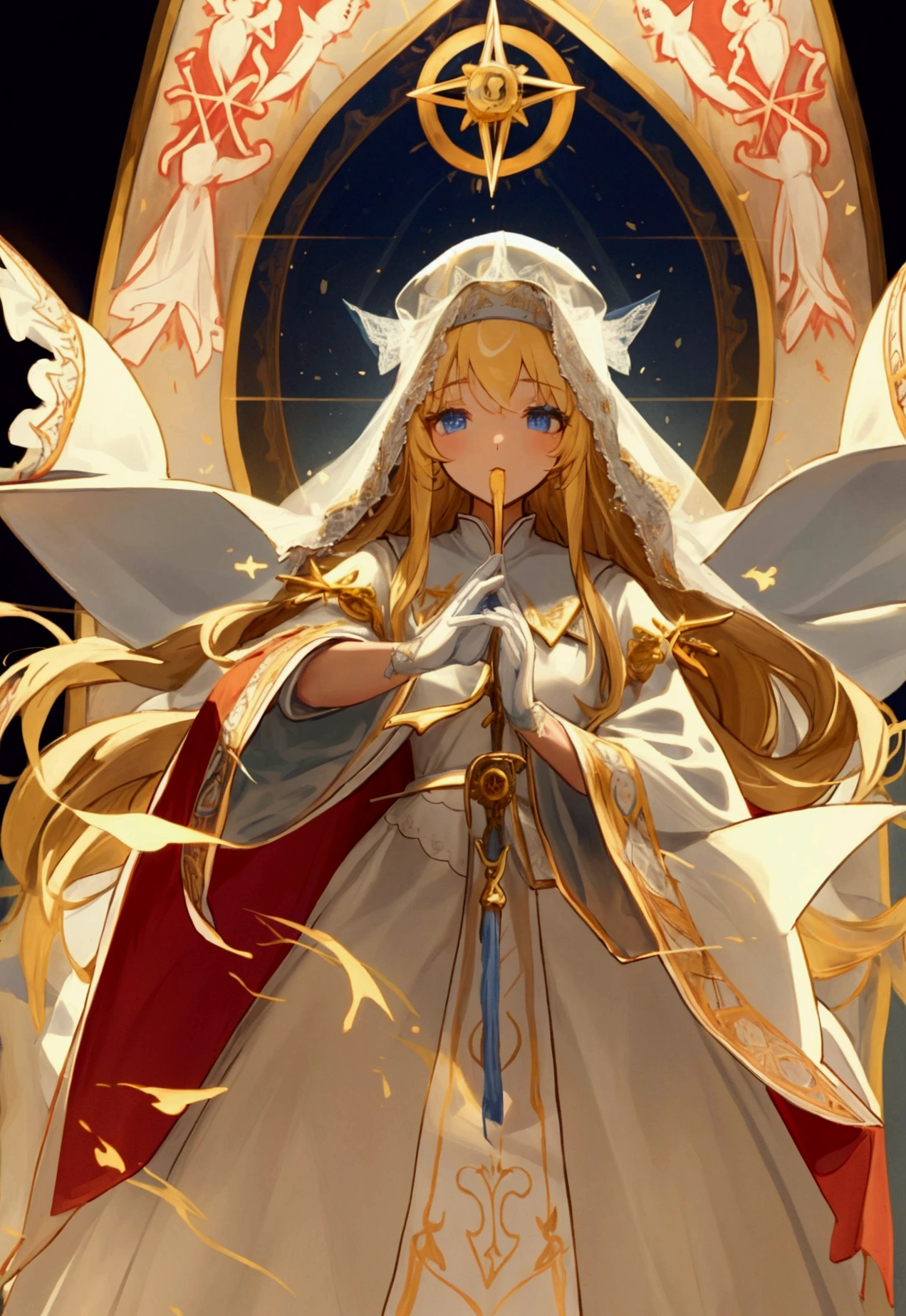 A beautiful  with blue eyes, white translucent lace veil, wearing an elaborately detailed pope's ceremonial robes and a pope hat, long white gloves, full body dress, puff sleeves, cross details, hands outstretched, long blonde hair, altar, holy aura, red cape and ribbon, gold embroidery, casting magic, glowing aura, church background, spellbook floating in front of her