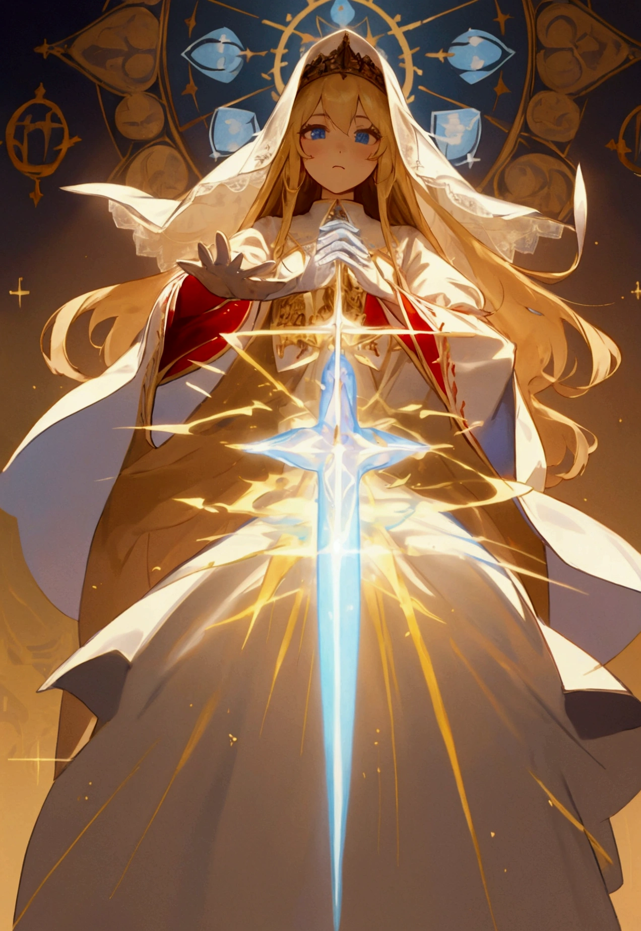 A beautiful with blue eyes, white translucent lace veil, wearing an elaborately detailed pope's ceremonial robes and a pope hat, long white gloves, full body dress, puff sleeves, cross details, hands outstretched, long blonde hair, altar, holy aura, red cape and ribbon, gold embroidery, casting magic, glowing aura, church background, spellbook floating in front of her