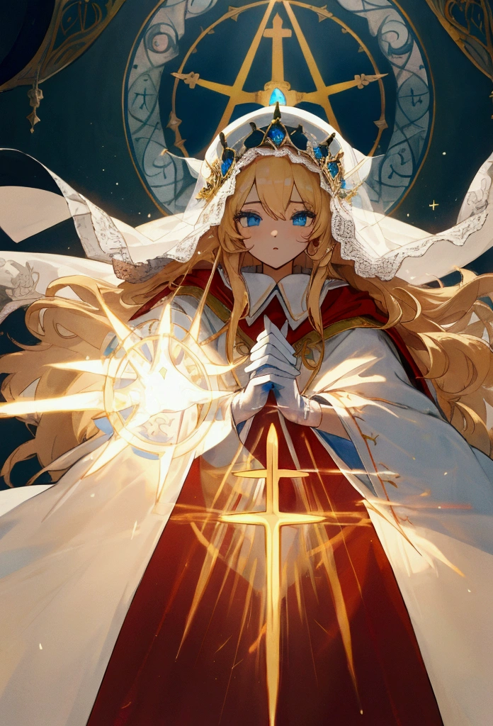 A beautiful with blue eyes, white translucent lace veil, wearing an elaborately detailed pope's ceremonial and a pope hat, long white gloves, full body dress, puff ves, cross details, hands outstretched, long blonde hair, altar, holy aura, red cape and ribbon, gold embroidery, casting magic, glowing aura, church background, spellbook floating in front of her