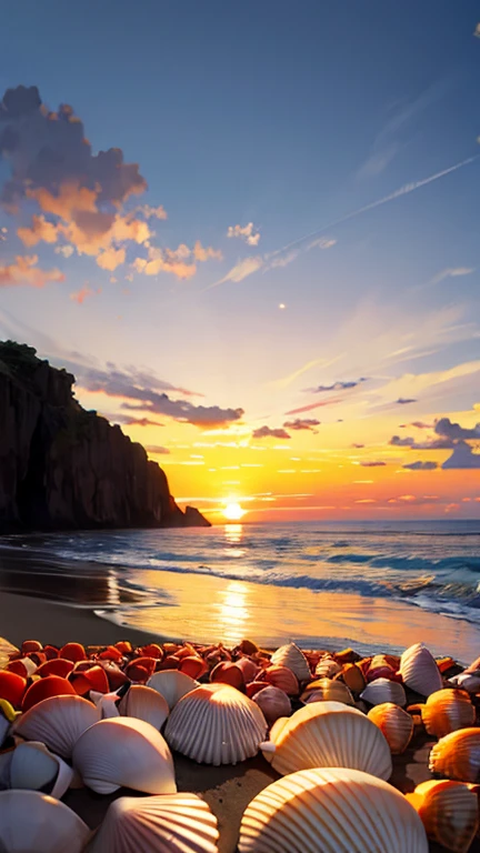 Colorful shells on the coastline at sunset