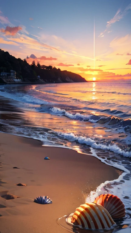 Colorful shells on the coastline at sunset