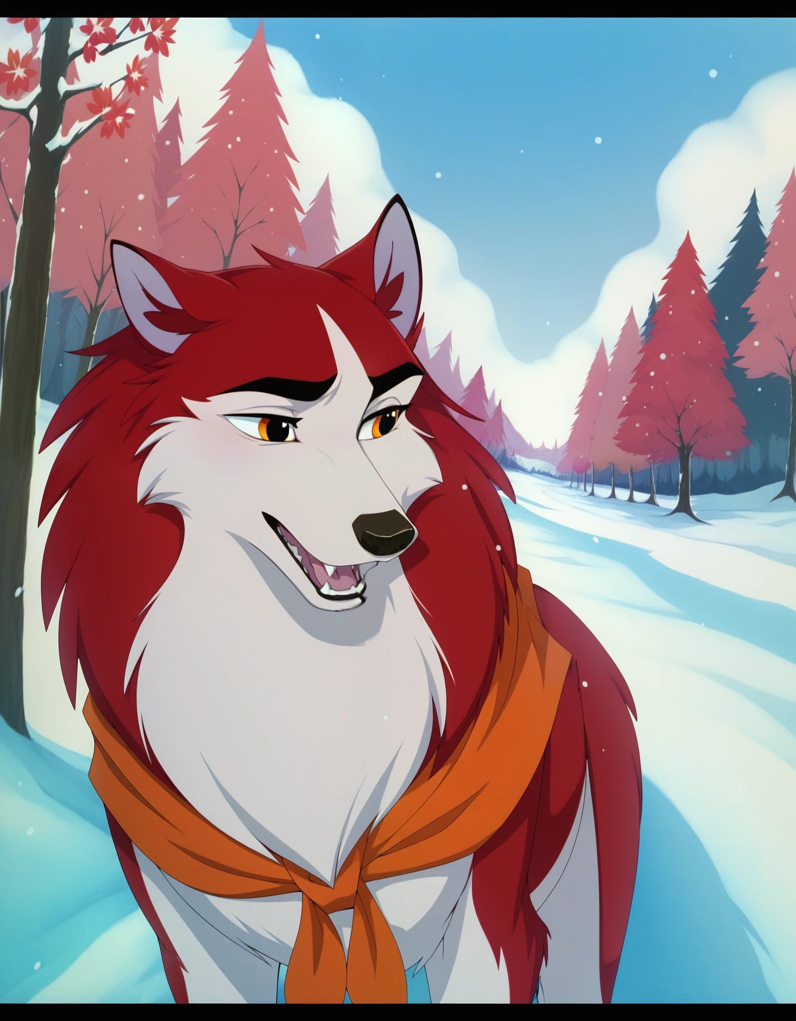 score_9, score_8_up, score_7_up, BREAK,  1girl, jenna\(balto\), solo, open mouth, animal ears, outdoors, tree, no humans, fangs, wolf ears, letterboxed, snow, winter, wolf, anime coloring, two tone fur, red fur, canine , amber eyes, neckerchief