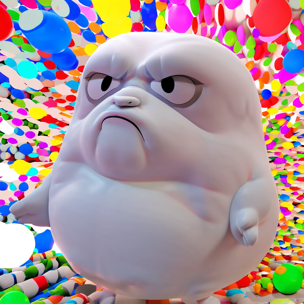 a chubby baby with a face like a grumpy old man, slow motion effect, cartoon-style, meme image, various effects, 3D, delicate and dynamic, conceptual installation pop art