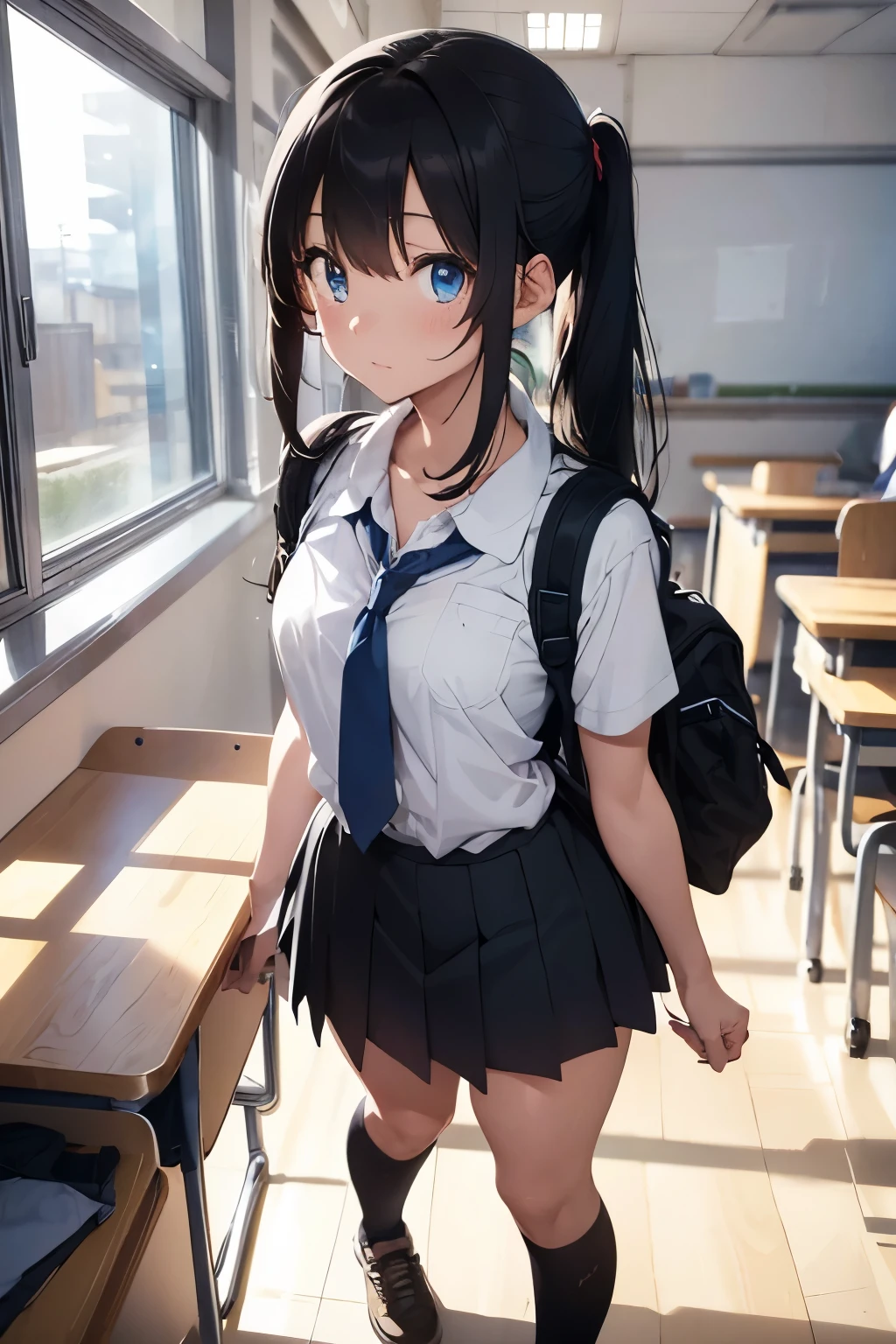 (HD, High Definition, 4k)(full body) (detailed eyes)(is in profile)(It is very far away)(Whole body) A 15-year-old student with long black hair that falls gently down her back, complemented by his bright blue eyes. His athletic figure reflects his dedication to the sport. He wears an impeccable school uniform: a well-ironed white shirt and a blue skirt that falls just above her knees. His expression is determined and focused as he holds a backpack over one shoulder., He is standing in his classroom..