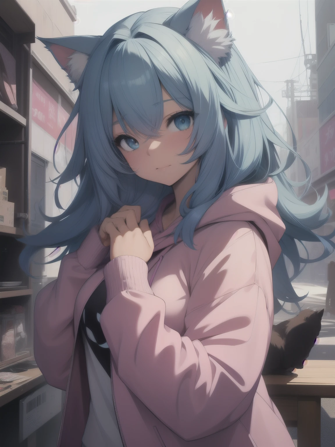 anime girl in pink hoodie with cat ears and blue hair, in a hoodie, anime catgirl, cute anime catgirl, commission for high res, beautiful anime catgirl, extremely detailed artgerm, kawaii realistic portrait, anime moe artstyle, catgirl, top rated on pixiv, popular on pixiv, ! dream artgerm, cat girl, commission for