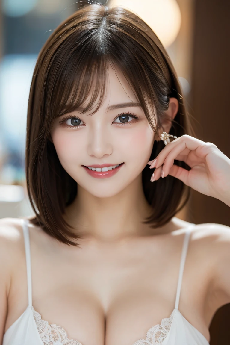 Beauty Salon , Highest quality, shape, Very detailed, In detail, High resolution, 8k wallpaper, Perfect dynamic composition, Beautiful details, Natural Lip, Beauty Salon, Big Breasts, Cleavage, She is smiling after receiving a beauty treatment..., A masterpiece of the whole body, Side Short