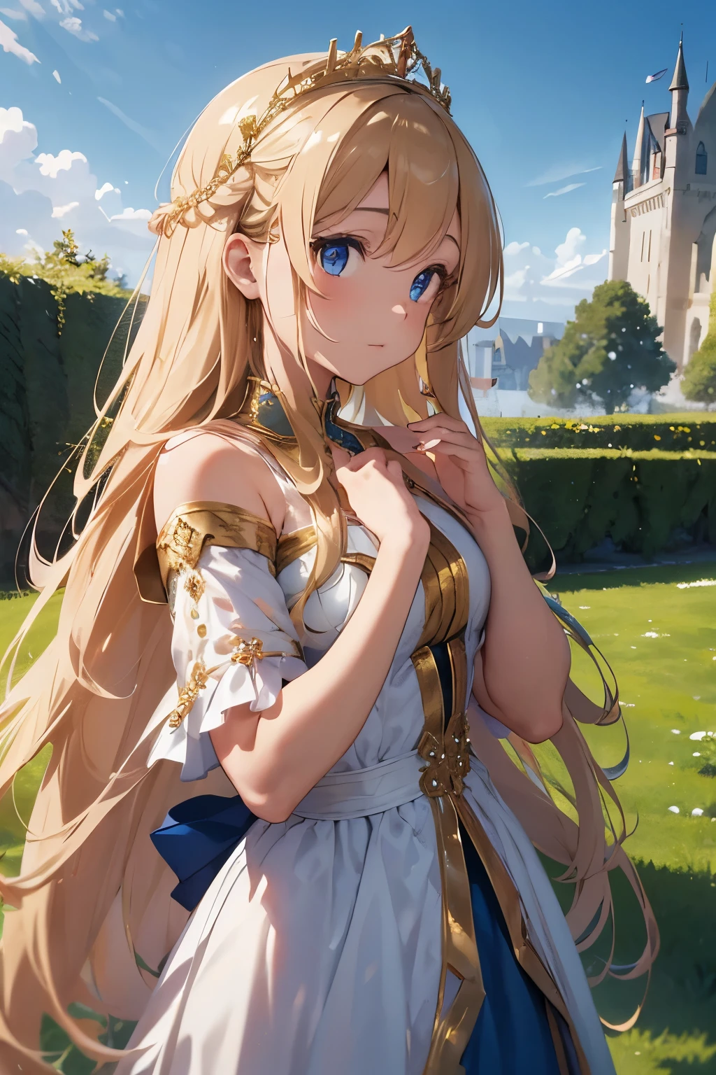 (HD, High Definition, 4k)(full body) (detailed eyes)(is in profile) (seen from afar)A young princess of 15 years (Whole body) in a medieval fantasy world, with long golden curls that cascade over her shoulders and bright blue eyes that reflect the light. Wear an elegant royal blue silk dress, adorned with golden lace and delicate jewels. She wears a small gold tiara encrusted with sapphires on her head., enhancing his air of nobility. Her delicate hands hold a lace fan while standing in the garden of a majestic castle, and his expression reflects a mixture of curiosity and innocence. (a castle in the background)