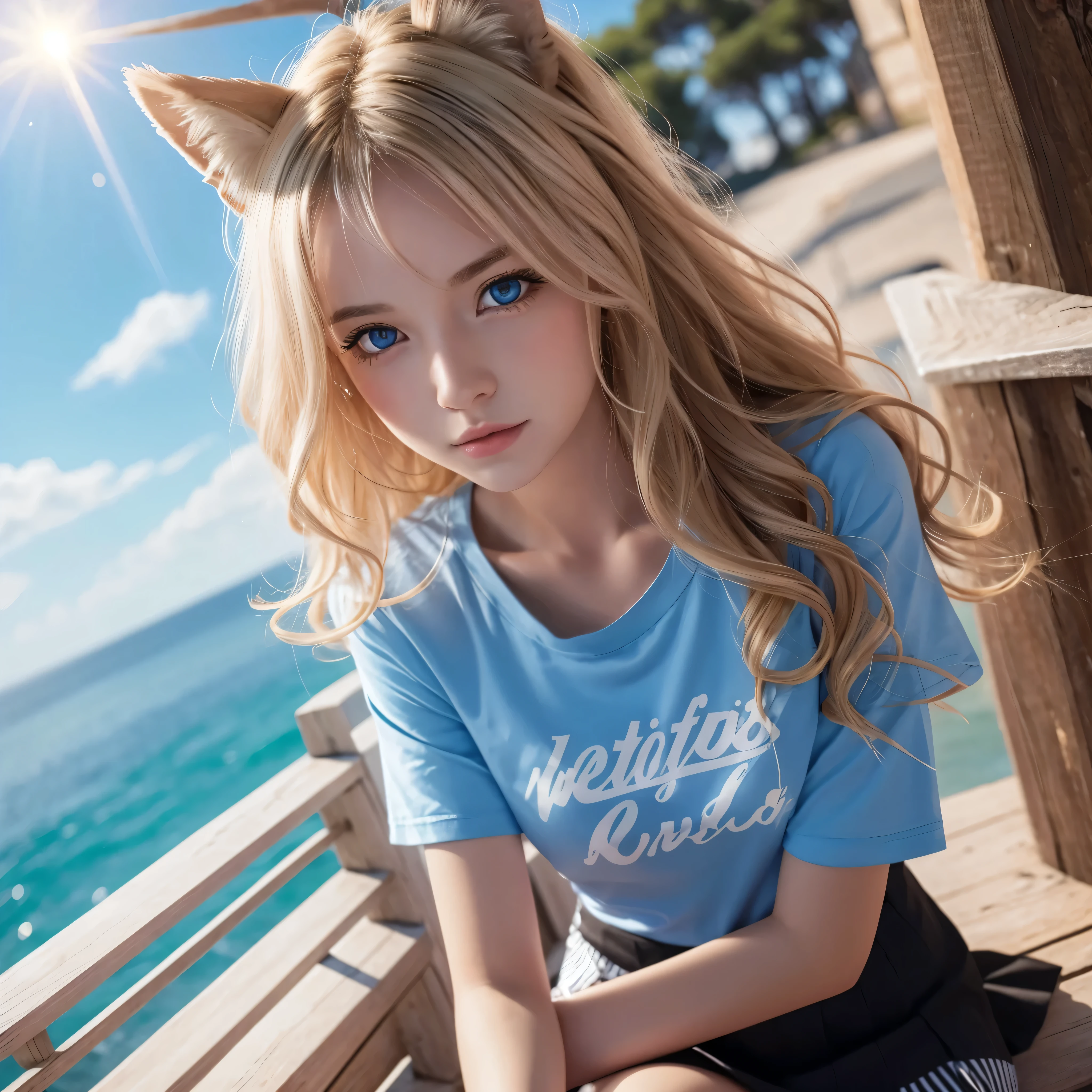 masterpiece, highest quality, Wolf Girl, elegant, One girl, Wolf Ears, Wolf's tail, cute, Blushed, View Viewer, From above, Blonde Wavy Hair, mini skirt, black and white striped t-shirt, blue eyes, Beautiful Eyes, Beautiful background, Particles of light, Light of the sun, Dramatic lighting, outside, Shiny, Realistic, masterpiece, highest quality, ultra-detailed, detailed, scenery, beautiful detailed eyes, detailed hair Selfie