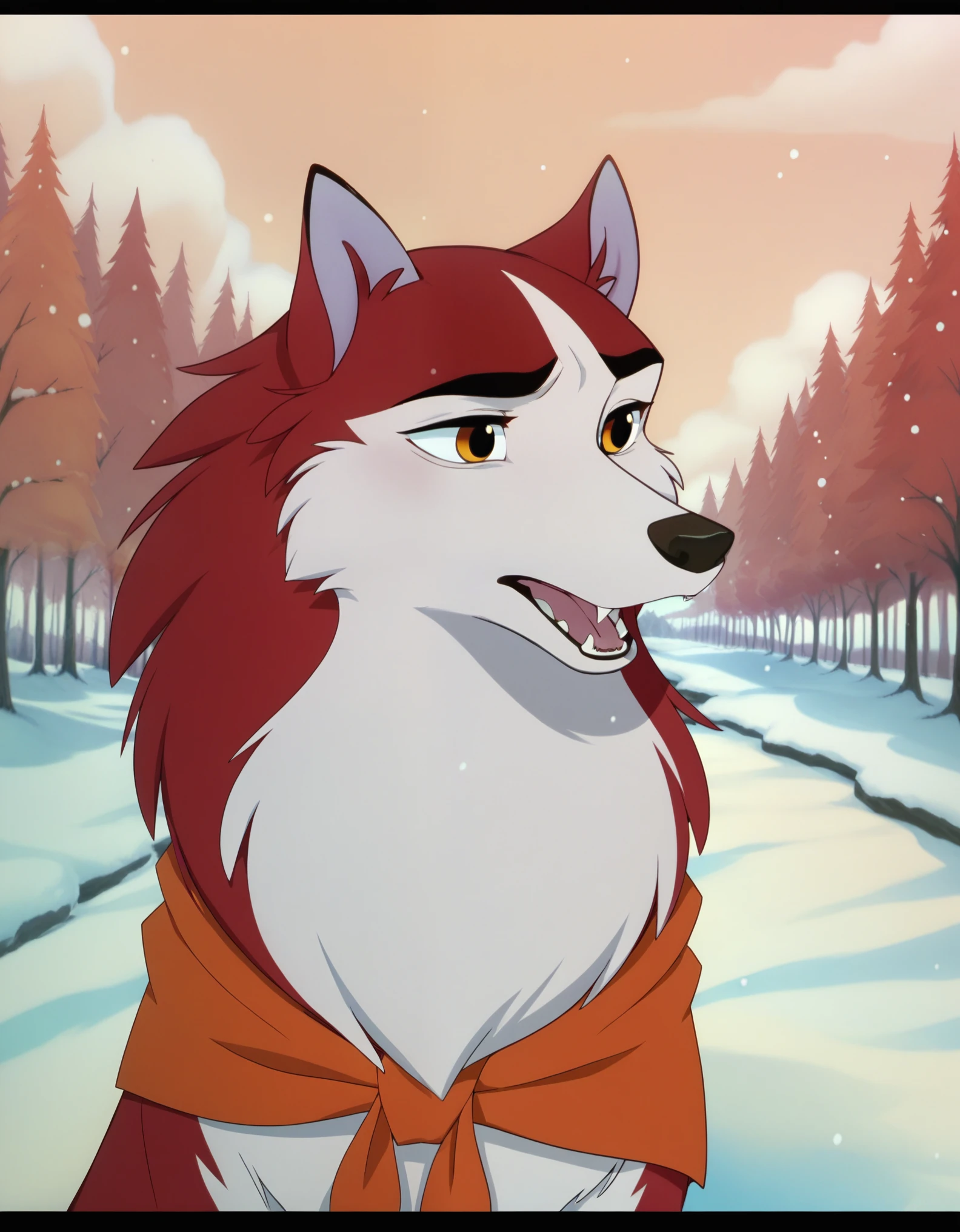 score_9, score_8_up, score_7_up, BREAK, 1girl, jenna\(balto\), solo, open mouth, animal ears, outdoors, tree, no humans, fangs, wolf ears, letterboxed, snow, winter, wolf, anime coloring, two tone fur, red fur, canine , amber eyes, neckerchief