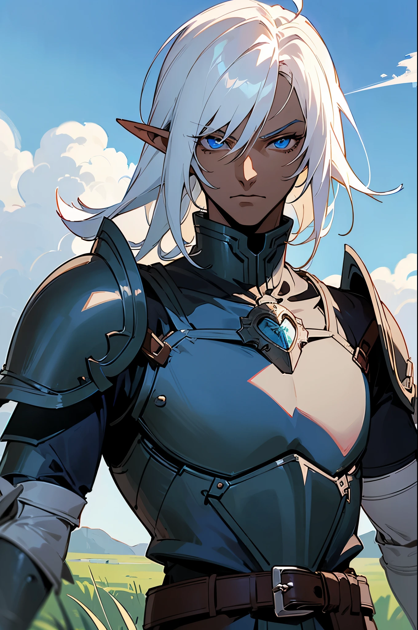 ultra-detailed, 2d, 4k, (best quality, masterpiece), (anime style:1.37), (dark elf male, 1 man), white hair, dark skinned, blue eyes, (sleek rogue armor, leather armor, chest-plate), belt, male focus, upper body, fantasy, (calm), grass plains, cloudy,