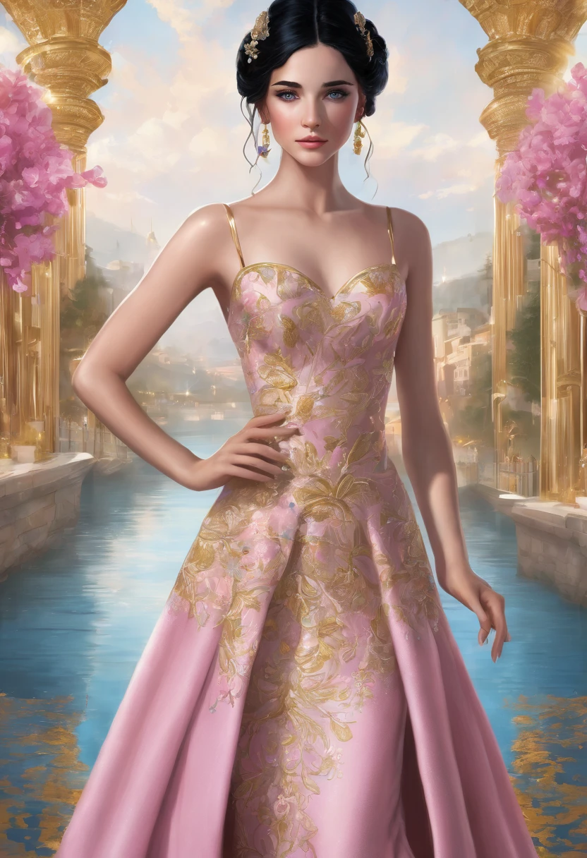 Elegant Book cover with gold embellishments, beautiful girl with black hair and blue eyes, fair skin and wearing an elegant pink dress