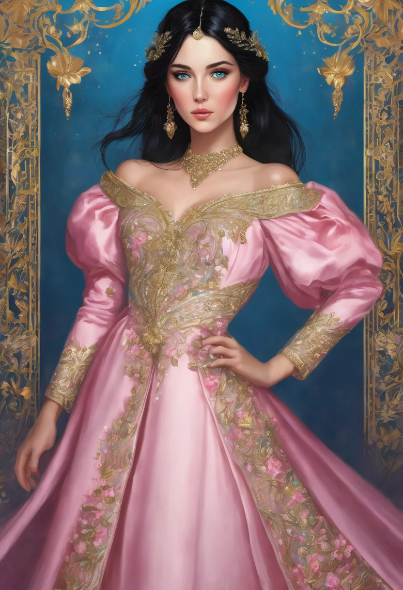 Elegant Book cover with gold embellishments, beautiful girl with black hair and blue eyes, fair skin and wearing an elegant pink dress