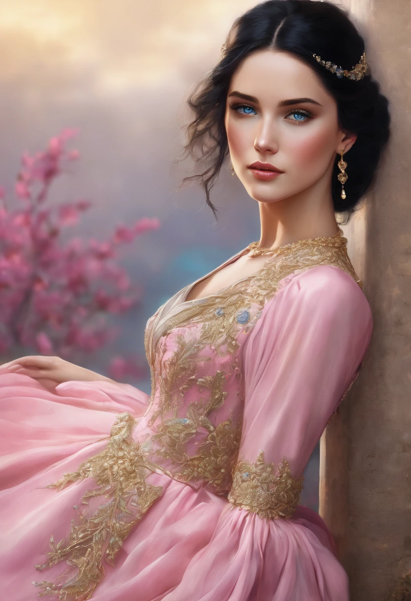 Elegant Book cover with gold embellishments, beautiful girl with black hair and blue eyes, fair skin and wearing an elegant pink dress