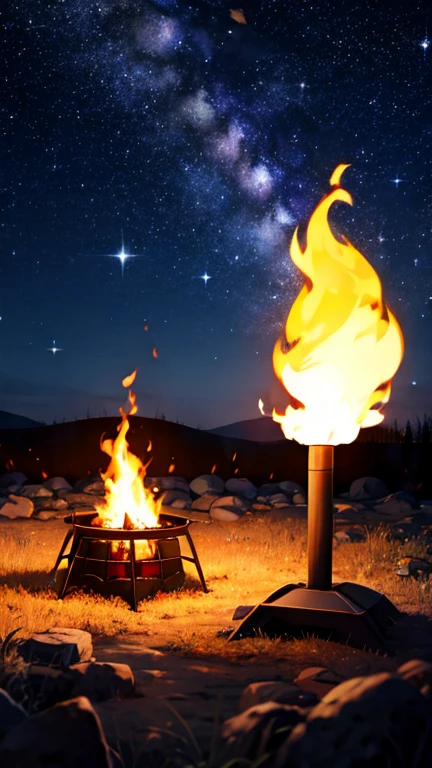 Campfire under the starry night sky