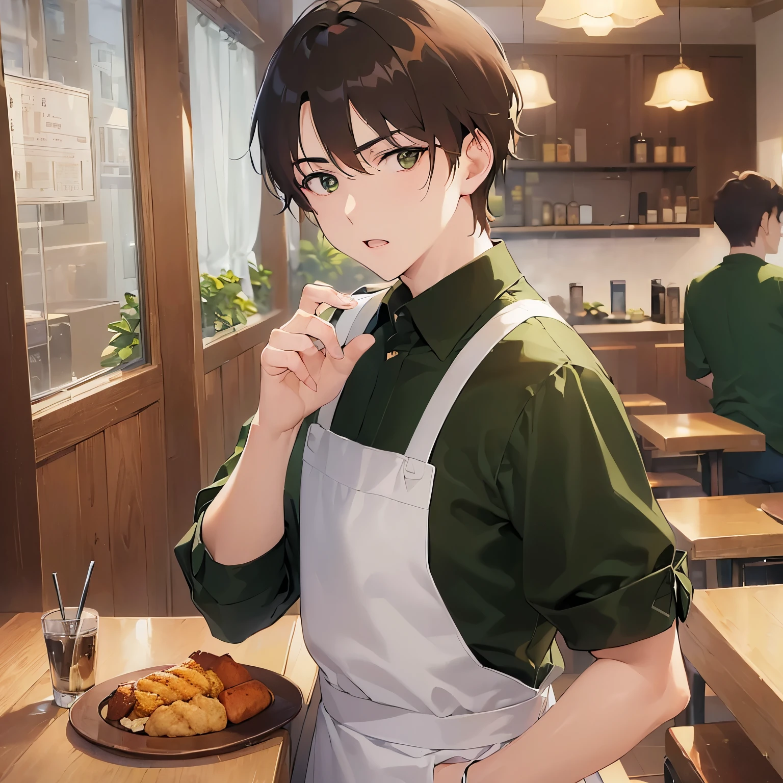 (looking at viewer:1.5),Side shot、masterpiece、Highest quality、
BREAK (25-year-old male:1.5) and (Mahogany brown short hair) and (Green Eyes)
BREAK,Black long sleeve shirt、apron、
glaring,open mouth, Inside the restaurant、