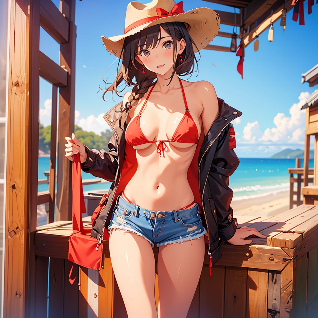 18-year-old,A beautiful woman,Beautiful breasts,Nipples,Moe,Cowhide jacket,Denim shorts,Ten-gallon hat,She is holding a red front ribbon bikini in her hands.