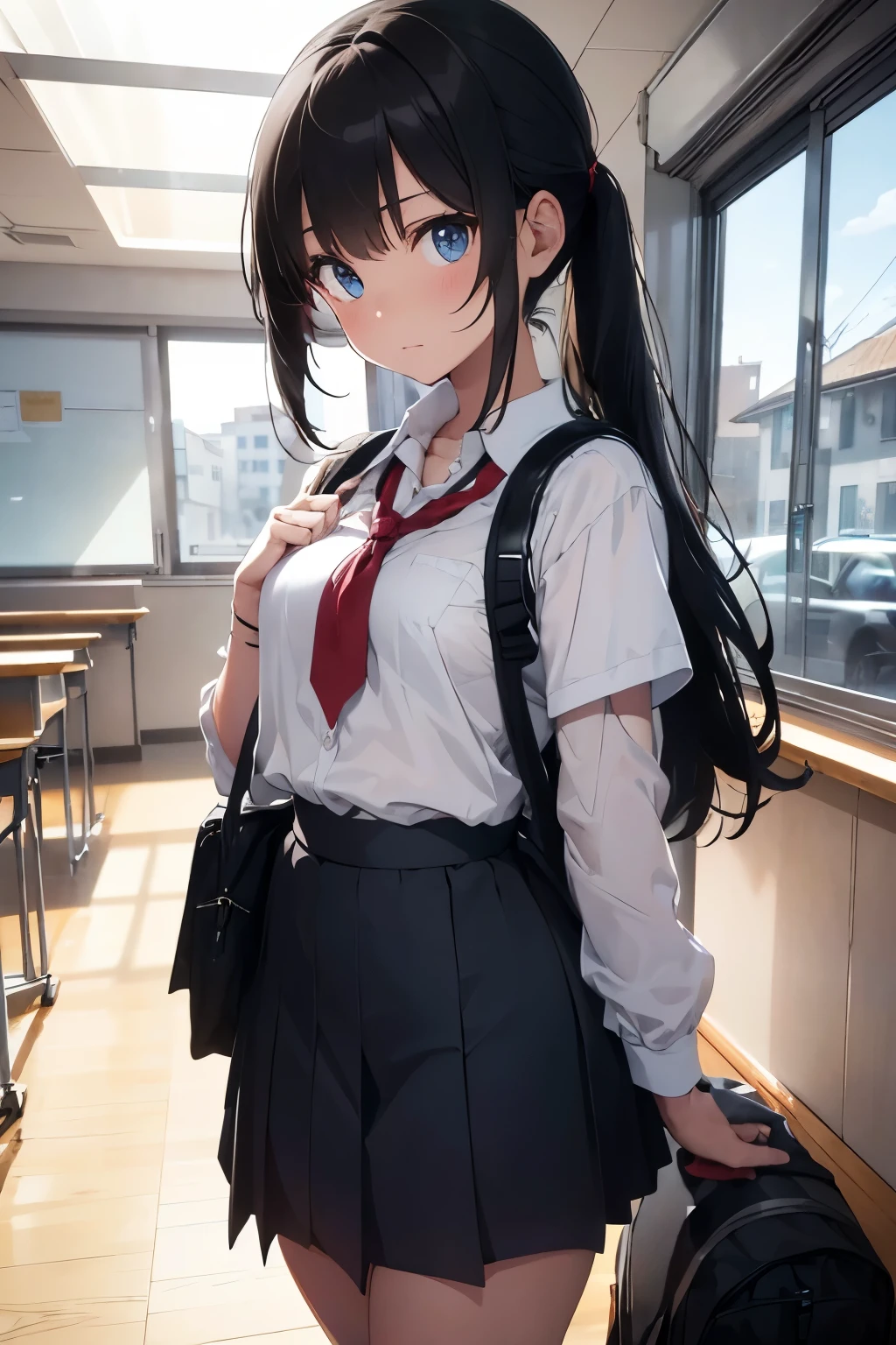 (HD, High Definition, 4k)(full body) (detailed eyes)(is in profile)(It is very far away)(Whole body) A 15-year-old student with long black hair that falls gently down her back, complemented by his bright blue eyes. His athletic figure reflects his dedication to the sport. He wears an impeccable school uniform: a well-ironed white shirt and a blue skirt that falls just above her knees. His expression is determined and focused as he holds a backpack over one shoulder., He is standing in his classroom..