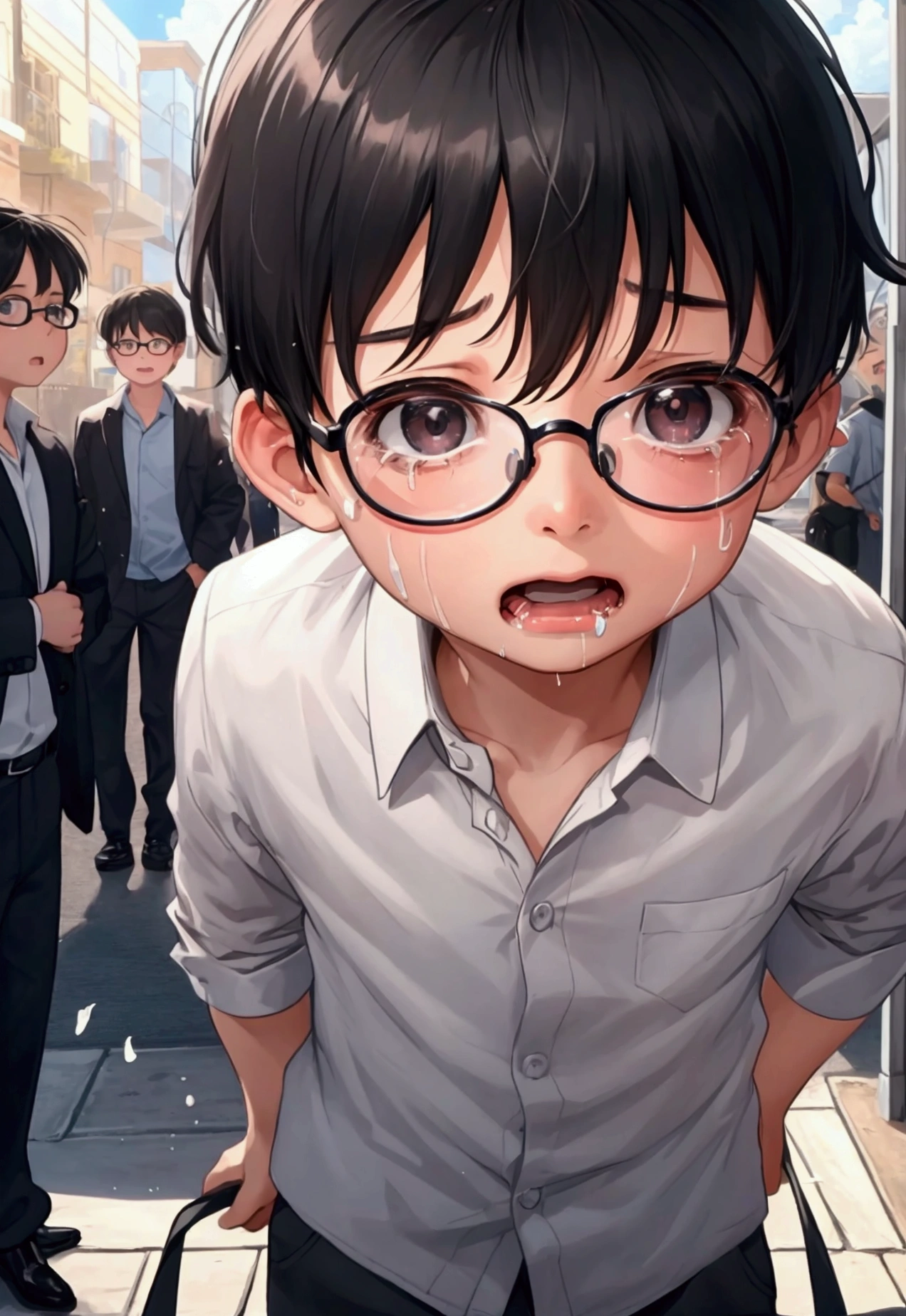 A  with glasses cries profusely, facing to viewer, while behind him, several children make fun of him, praticando bullying.