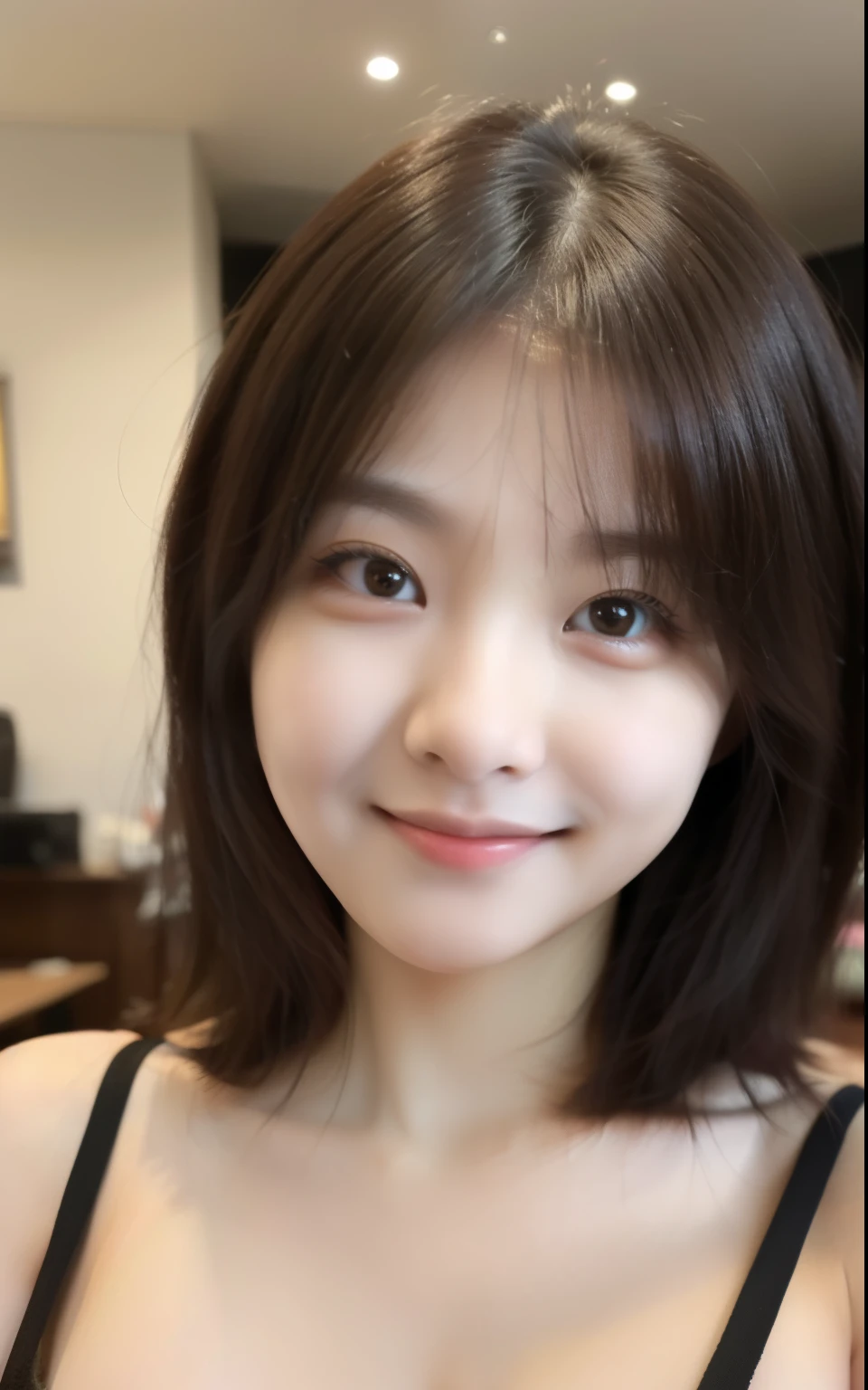 incredibly absurd, beautiful and cute 20-year-old Korean girl with a photorealistic face, showcasing top-quality craftsmanship. Her slender frame adorned with short, messy hair. The artwork high-resolution, allowing for ultra-detailed features to be captured flawlessly. The focus lies on the realistic pupils, showcasing depth and emotion. ((breasts out)) cute smile.