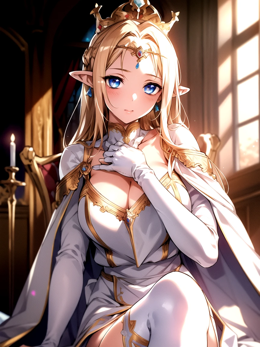 curtain, Sitting on the throne, Crown, Painting (object), window, still life, stage, indoor, Portraiture (object), Chair, White Dress,Cape, Mature Woman, Earrings, Fairy,jewelry, Long pointy ears, blonde,blue eye,bangs,Circlet,Single Blade, 1 girl, beautiful Finger,beautiful long legs,beautiful body,beautiful Nose,beautiful character design, perfect eye, perfect face,expressive eye,Perfect balance, View your audience,(Focus on her face),Mouth closed, (Innocent_big_eye:1.0),Light_笑face, Official Art,Very detailed CG ユニティ 8k 壁紙, Perfect lighting,colorful, bright_front_face_Lighting,Glowing Skin, (masterpiece:1.0),(Highest_quality:1.0), 超High resolution,4K,Very detailed, photograph, 8k, High resolution, High resolution, Absurd:1.2, Kodak Port 400, Film Grain, Blurred Background, Bokeh:1.2, Lens flare, (Vibrant_color:1.2),プロのphotograph, (beautiful,Huge_chest:1.4), (beautiful_face:1.5),(narrow_Waist),白いKnee-high socks、、sexy、sexy、garter belt,Knee-high socks,Long gloves