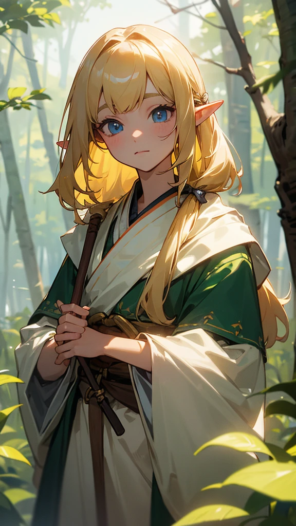 in the forest、Elf、Holding a bow、The face is looking straight ahead、Her hair is blonde and straight with bangs.、Royalty
