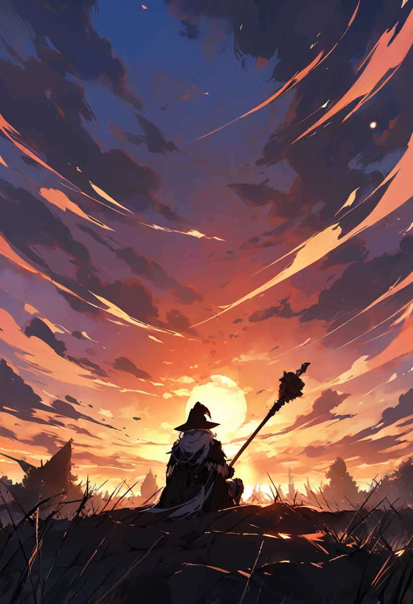 Obsucred wizard watching the sunset on a bloodied battle field, black cloak and armor, wooden staff, back turned, sitting
