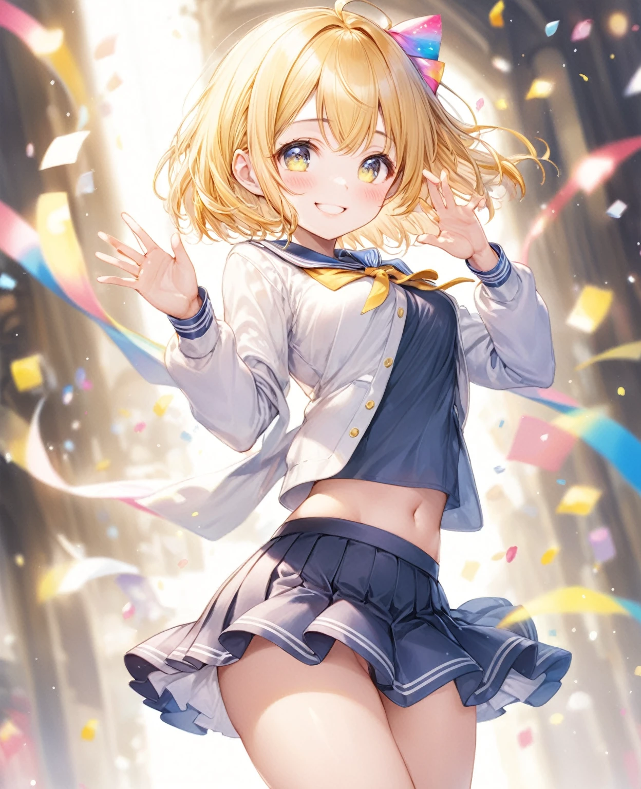 (Highest quality, 8k, 32K, masterpiece, Ultra-high resolution,:1.2),born, One girl,Super cute , Fantasy Background, Clear, shining eyes, 20-year-old ,Fair skin, Girl with golden hair, short hair, keep your spirits up, expensive, uniform, mini skirt,D cup breasts，学born服，An innocent smile，Nyan Nyan Pose，