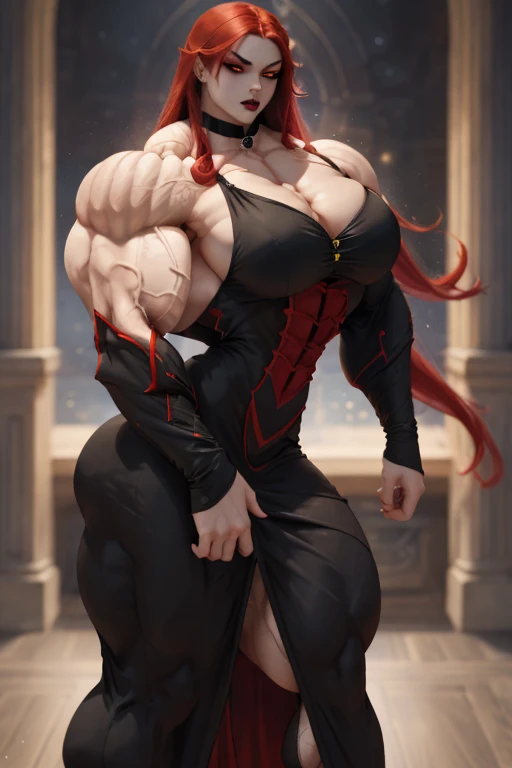 ((Close-up)), tall, (red hair) beautiful muscular asian vampire woman, long tied hair, pale white skinned, closed smile, large , (black lipstick), (massive muscles), (hyper muscle), ((ginormous bulky muscles)), yellow eyes, ((black long sleeve maxi dress)), choker, high heels, (dark and moody universe:1.3), in a castle at night, flexing