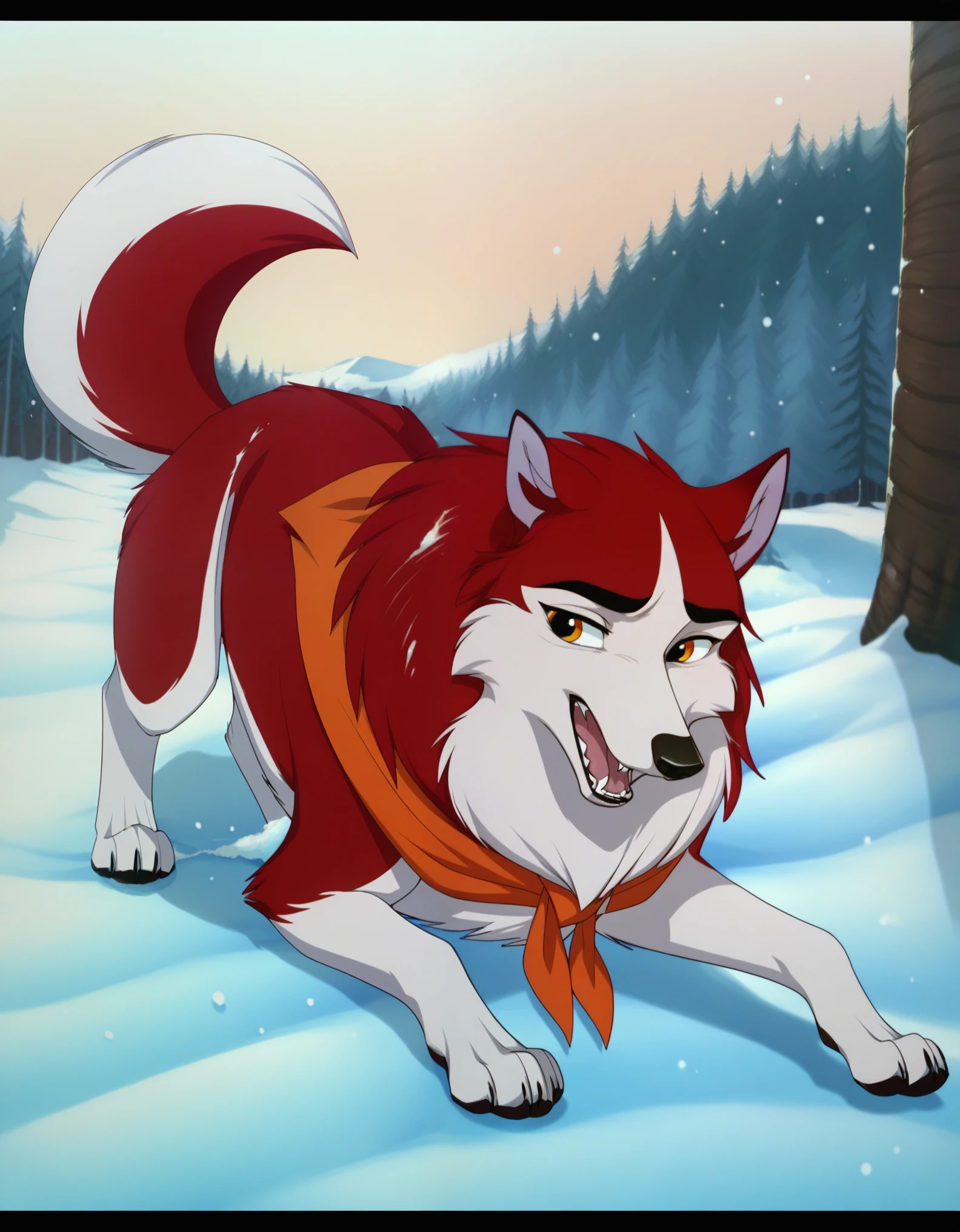 score_9, score_8_up, score_7_up, score_6_up, score_5_up, score_4_up, BREAK,  1girl, jenna\(balto\), solo, open mouth, animal ears, outdoors, tree, no humans, fangs, wolf ears, letterboxed, snow, winter, wolf, anime coloring, two tone fur, red fur, canine , amber eyes, neckerchief