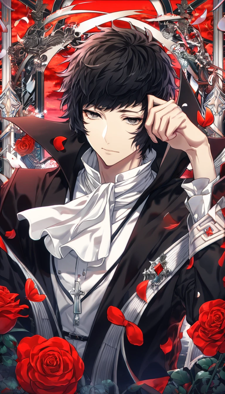 absurdres, highres, ultra detailed, HDR, master piece, best quality, extremely detailed, Akutagawa Ryuonosuke, black hair, short bangs, expressive gray eyes, Bungou Stray Dogs, solo, sexy man, handsome, black coat with high collar, white shirt, white cravat, cross, red butterflies, petals, magical, red roses, fantasy, rashoumon, red sky