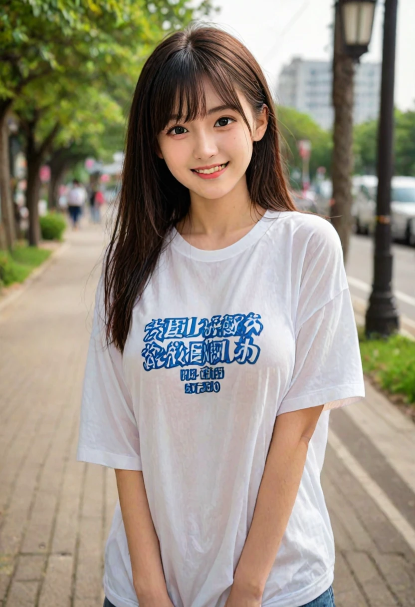 score_9, score_8_up, score_7_up, 1girl, japanese girl, cute, kawaii, beautiful face, perfect face, perfect body, smile, oversized t-shirts, big t-shirts, detailed eyes, shiny skin, standing, on side, huge breasts, skinny, looking at viewer, cowboy shot, face focus, depth of field, simple background, outdoors, park, jpn-girl, extremely detailed, professional lighting