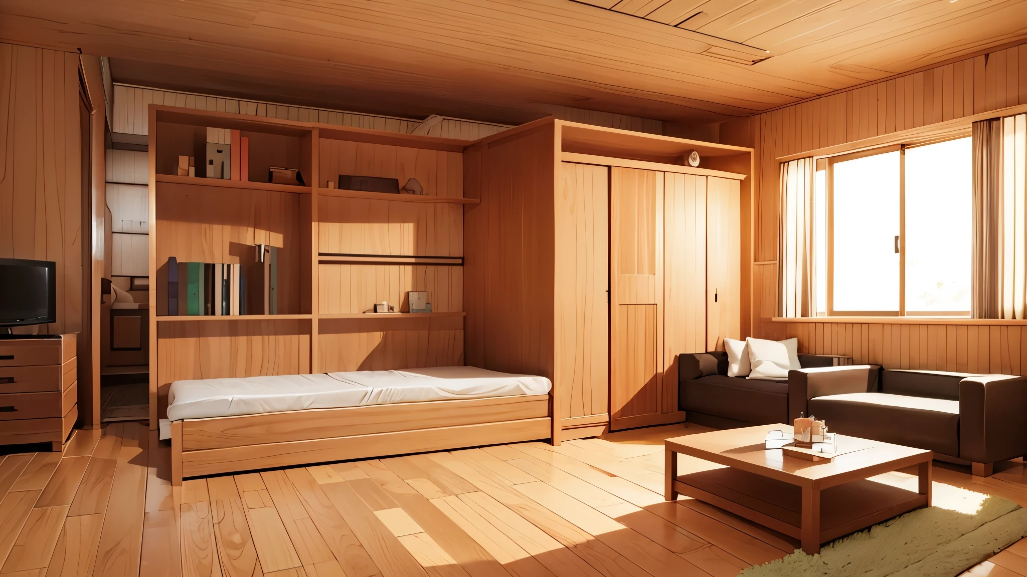 Design a cabin-style wooden room in anime style. The wall must be smooth,, with a clean and modern finish typical of anime art."