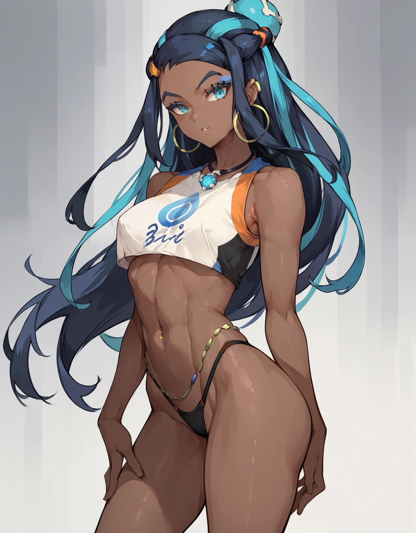 score_9,score_8_up,score_7_up, score_6_up, score_5_up,source_anime, nessa pokemon, blue eyes, wearing skimpy crop top, black thong, seductive pose, tall and skinny, standing