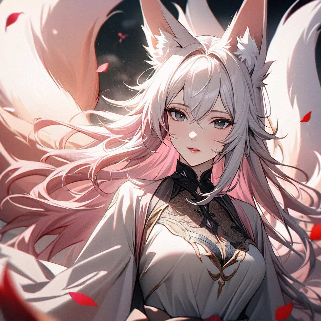 female, nine-tailed female, female fox, nine-tailed fox, fox ears, white hair, pink hair, long hair, black eyes, pretty, beautiful, beautiful color, mature, dress, flying petals, super detail, beautiful color,peerless beauty, high quality, macro picture, adult, beautiful eyes, long chin