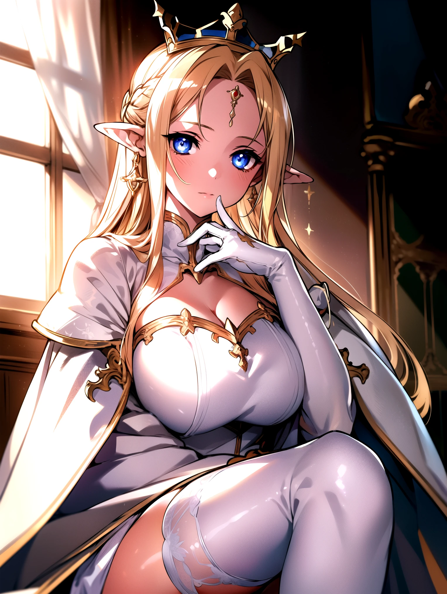 curtain, Sitting on the throne, Crown, Painting (object), window, still life, stage, indoor, Portraiture (object), Chair, White Dress,Cape, Mature Woman, Earrings, Fairy,jewelry, Long pointy ears, blonde,blue eye,bangs,Circlet,Single Blade, 1 girl, beautiful Finger,beautiful long legs,beautiful body,beautiful Nose,beautiful character design, perfect eye, perfect face,expressive eye,Perfect balance, View your audience,(Focus on her face),Mouth closed, (Innocent_big_eye:1.0),Light_笑face, Official Art,Very detailed CG ユニティ 8k 壁紙, Perfect lighting,colorful, bright_front_face_Lighting,Glowing Skin, (masterpiece:1.0),(Highest_quality:1.0), 超High resolution,4K,Very detailed, photograph, 8k, High resolution, High resolution, Absurd:1.2, Kodak Port 400, Film Grain, Blurred Background, Bokeh:1.2, Lens flare, (Vibrant_color:1.2),プロのphotograph, (beautiful,Huge_chest:1.4), (beautiful_face:1.5),(narrow_Waist),白いKnee-high socks、、sexy、sexy、garter belt,Knee-high socks,Long gloves