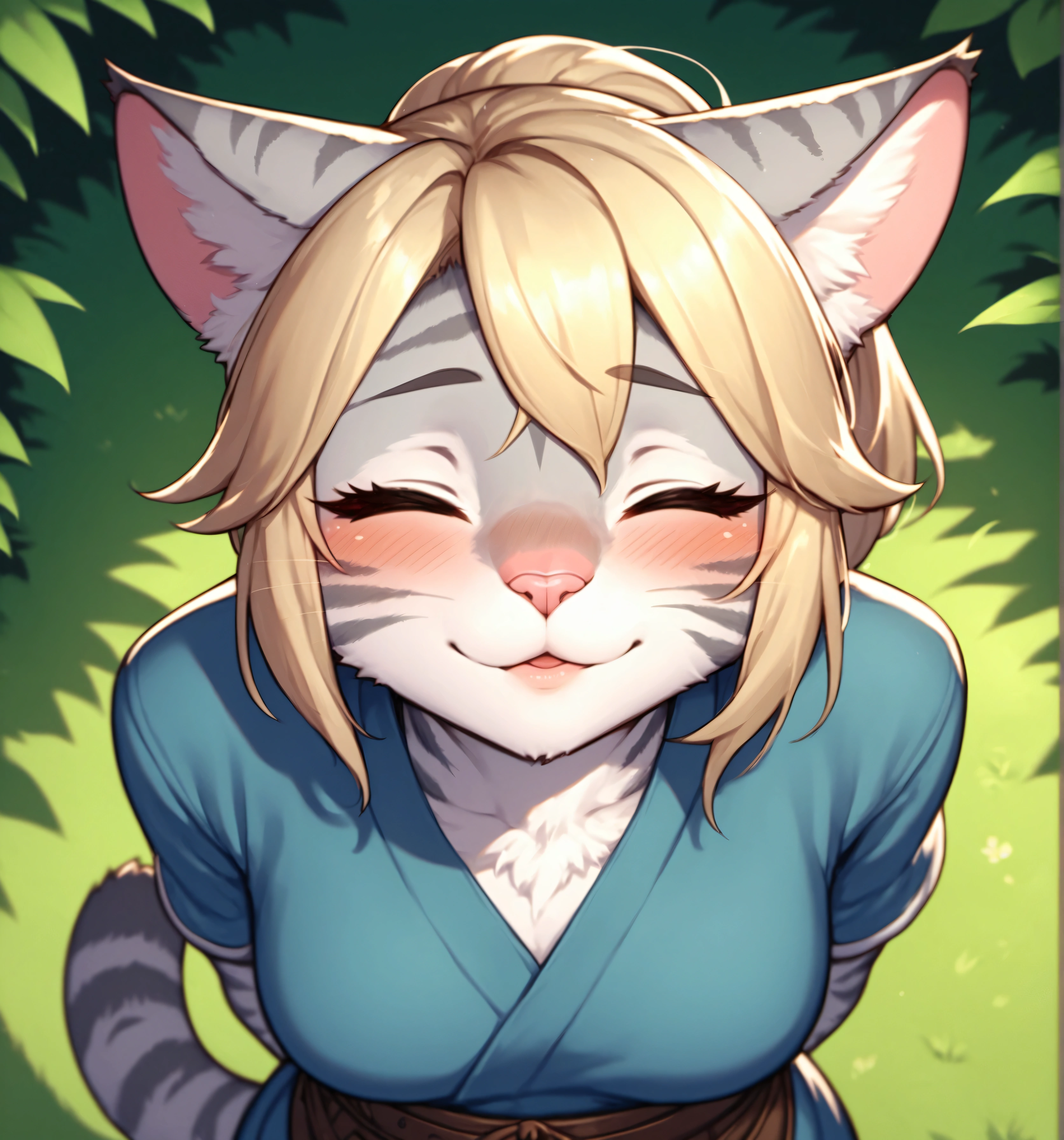 score_9,score_8_up,score_7_up, score_6_up, score_5_up,source_anime, kemono style, Kat, Anthro furry feline, silver fur, grey stripes on body, blonde hair, pink nose, :3, 1girl,solo, incom, imminent kiss, closed eyes, facing viewer, parted lips,from above, cowboy shot, blushing, head tilted up, about to kiss viewer, she is wearing a blue tunic, leather belts, hands behind her back, head facing viewer, head up, outdoors, close up, portrait, kissing face, kiss focus,