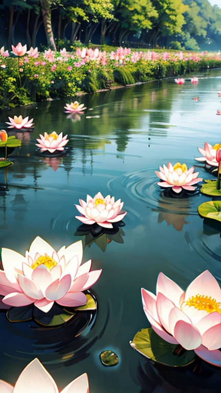 Lotus flowers floating on a flowing river and the surrounding scenery