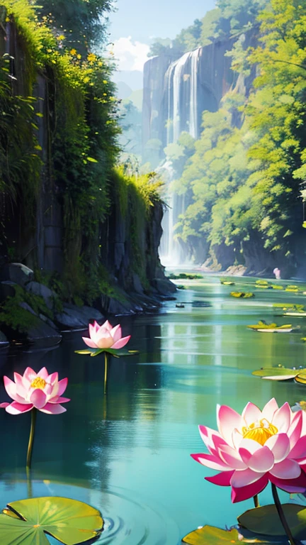 Lotus flowers floating on a flowing river and the surrounding scenery